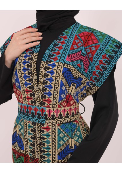 Kolsuzlu Filistinli Dolu Nakışlı Kadın Geniş Abaya Tek Ebatlı C100035