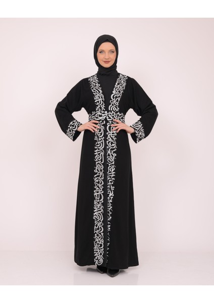 Uzun Kollu Oversize Kalıplı Geleneksel Kalın Arapça Harfları Nakışlı Kadın Geniş Abaya M-3xl C100032 modelleri