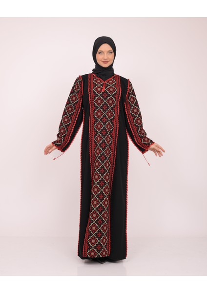 Filistin Geometrik Ön Ve Kollar Sanara Nakışlı Geleneksel Filistin Kadın Elbise M-3XL C100029