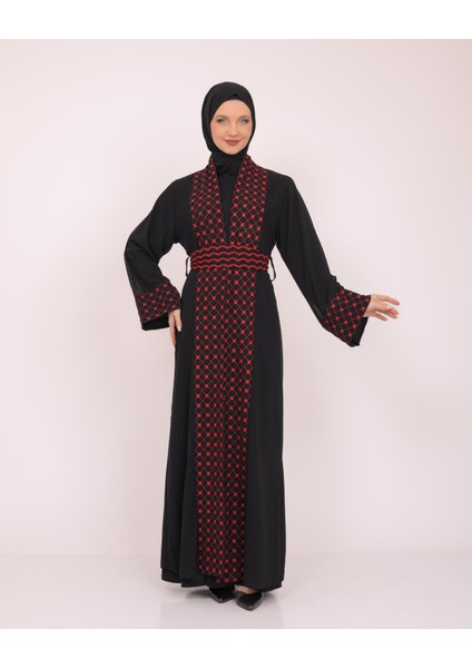 Geniş Kollu Filistinli Kefiye Nakışlı Kadın Geniş Abaya M-3xl C100034