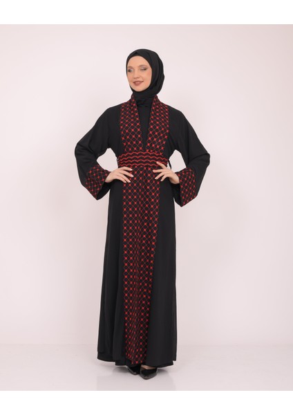 Geniş Kollu Filistinli Kefiye Nakışlı Kadın Geniş Abaya M-3xl C100034