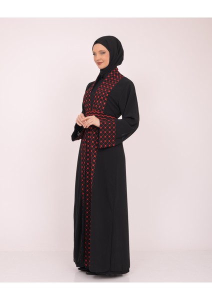 Geniş Kollu Filistinli Kefiye Nakışlı Kadın Geniş Abaya M-3xl C100034