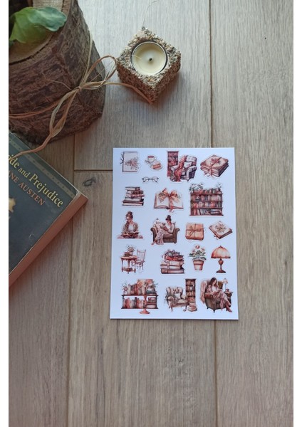 19 Adet Kitap Temalı Sticker Bullet Journal Scrapbook Laptop Sticker Kitap Kız Kahverengi