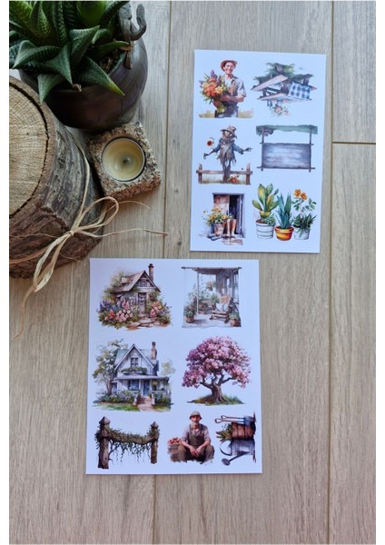 2 Sayfa 13 Adet Country Temalı Sticker Çiçek Ev Köy Saksı Çiftlik Sticker Vintage Sticker