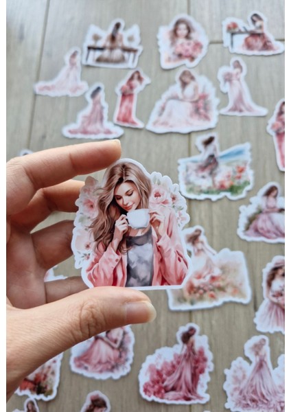 24 Adet Şeffaf Kız Sticker Seti Bullet Journal Scrapbook Laptop Sticker Pembe Çiçek