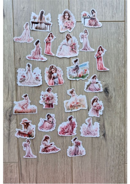 24 Adet Şeffaf Kız Sticker Seti Bullet Journal Scrapbook Laptop Sticker Pembe Çiçek