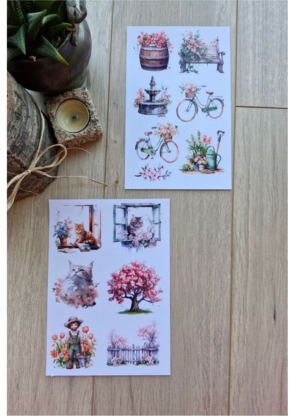 2 Sayfa 13 Adet Çiçek Temalı Sticker Seti Çiçek Kedi Pencere Country Sticker Vintage Sticker