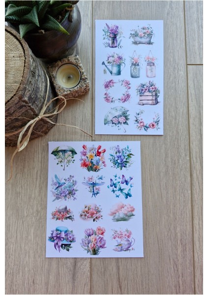 Mona Craftist 2 Sayfa 20 Adet Pembe Mor Çiçek Sticker Seti Şemsiye Yeşil Şapka Kuş Sticker Vintage Sticker