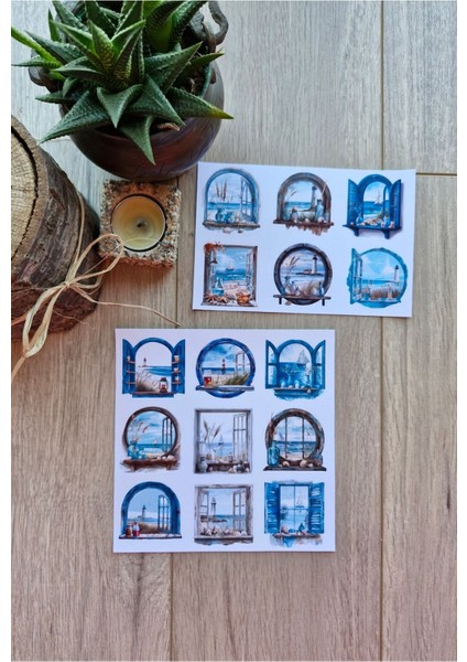 2 Sayfa 18 Adet Pencere Sticker Deniz Mavi Manzara Vintage Sticker