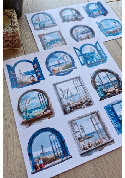 2 Sayfa 18 Adet Pencere Sticker Deniz Mavi Manzara Vintage Sticker modelleri