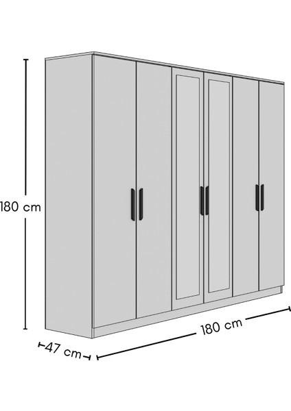 Gm 081 Favorite 6 Kapılı Aynalı Beyaz Siyah Kulplu Gardırop