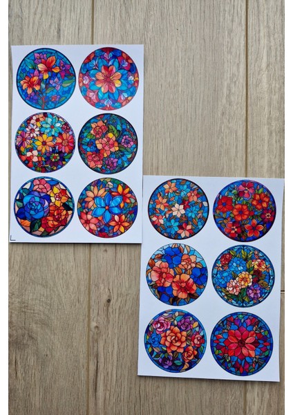 12 Adet Vitray Çiçek Sticker Seti Bullet Journal Laptop Termos Scrapbook Renkli Cam Yuvarlak Sticker
