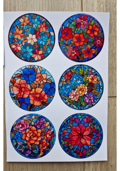 12 Adet Vitray Çiçek Sticker Seti Bullet Journal Laptop Termos Scrapbook Renkli Cam Yuvarlak Sticker