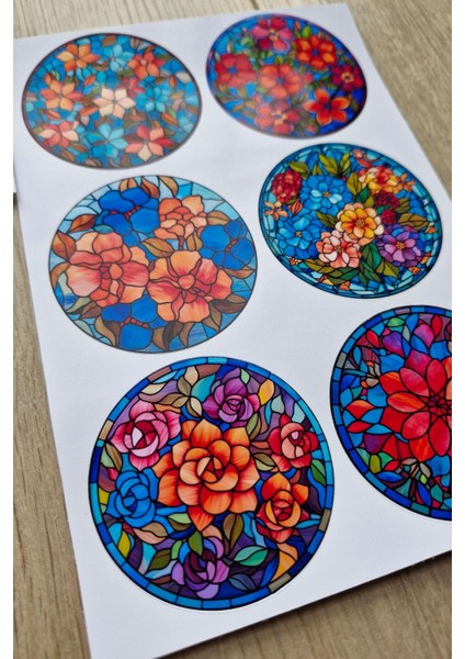 12 Adet Vitray Çiçek Sticker Seti Bullet Journal Laptop Termos Scrapbook Renkli Cam Yuvarlak Sticker