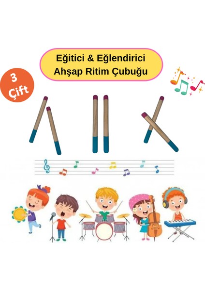 Eğitici Eğlendirici Ahşap Ritim Çubuğu - 3 Çift (6 Adet)