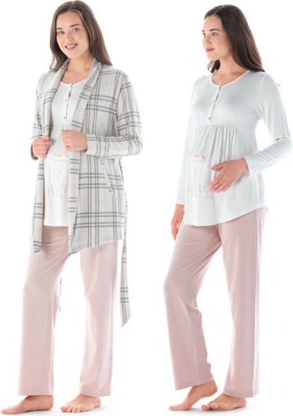Kadın Uzun Kol Balık Sırtı 3 Lü Lohusa Pijama Takımı