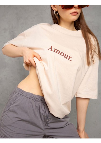 Unisex Amour Detaylı Oversize T-Shirt