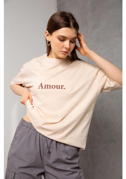 Unisex Amour Detaylı Oversize T-Shirt