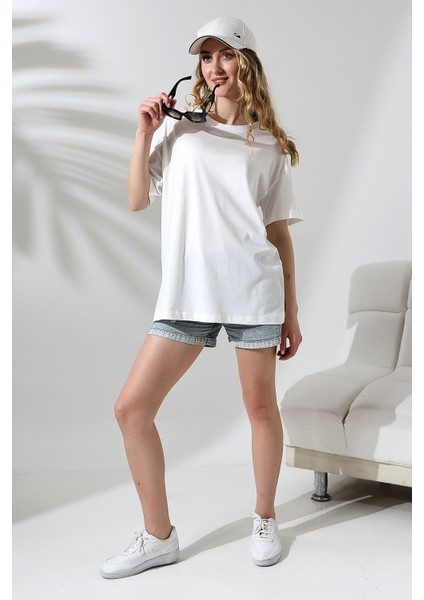 Oversize Bisiklet Yaka Pamuk Penye Kompakt Basic T-Shirt 21752 Beyaz