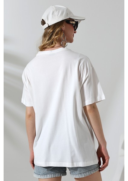 Oversize Bisiklet Yaka Pamuk Penye Kompakt Basic T-Shirt 21752 Beyaz