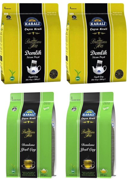 Karali Çay Karali Premium Demlik Poşet Çay 300 gr + Demleme Yeşil Çay 200 gr 4 Lü Paket