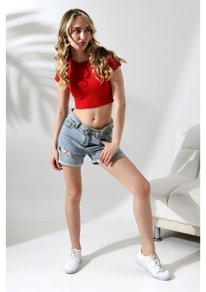 Bisiklet Yaka Kompakt Penye Esnek Kumaş Crop T-Shirt 21750 Kırmızı