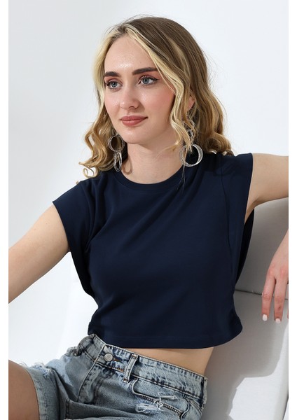 Dik Omuzlu Kol Detaylı Esnek Penye Kompakt Crop T-Shirt 21670 Lacivert modelleri