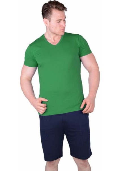 Erkek V Yaka Kısa Kol Modal Serin Tutan Ince Yeşil Şortlu Pijama Takımı