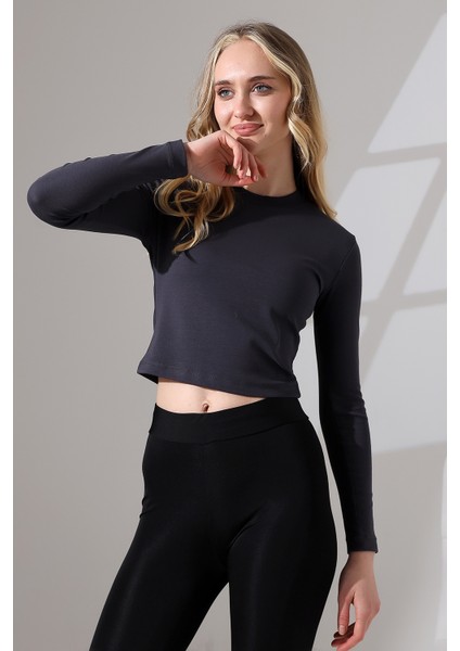 Bisiklet Yaka Penye Kompakt Esnek Kumaş Uzun Kol Bluz 21651 Füme