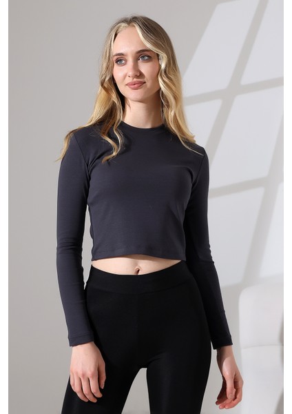 Bisiklet Yaka Penye Kompakt Esnek Kumaş Uzun Kol Bluz 21651 Füme fiyatları