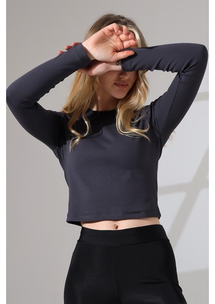 Bisiklet Yaka Penye Kompakt Esnek Kumaş Uzun Kol Bluz 21651 Füme modelleri