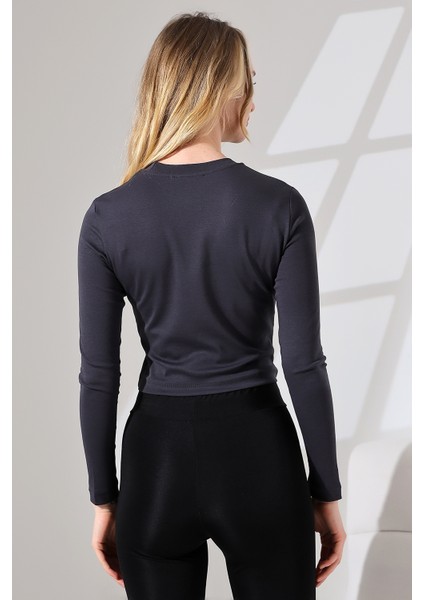 Bisiklet Yaka Penye Kompakt Esnek Kumaş Uzun Kol Bluz 21651 Füme fırsatları