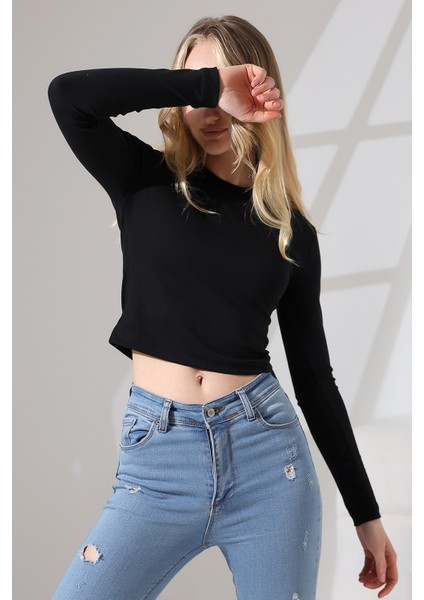 Bisiklet Yaka Penye Kompakt Esnek Kumaş Uzun Kol Bluz 21651 Siyah