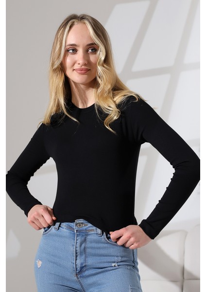 Bisiklet Yaka Penye Kompakt Esnek Kumaş Uzun Kol Bluz 21651 Siyah fiyatları