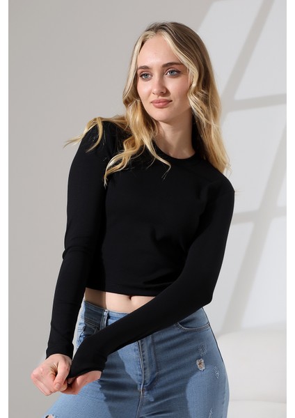 Bisiklet Yaka Penye Kompakt Esnek Kumaş Uzun Kol Bluz 21651 Siyah modelleri