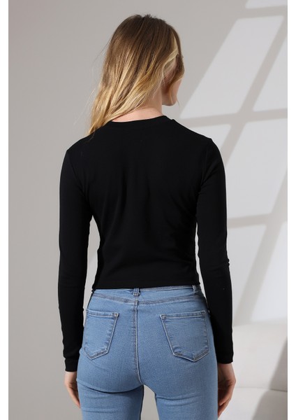 Bisiklet Yaka Penye Kompakt Esnek Kumaş Uzun Kol Bluz 21651 Siyah fırsatları