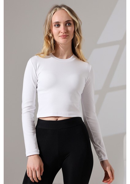 Bisiklet Yaka Penye Kompakt Esnek Kumaş Uzun Kol Bluz 21651 Beyaz