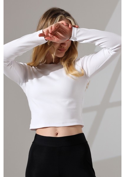 Bisiklet Yaka Penye Kompakt Esnek Kumaş Uzun Kol Bluz 21651 Beyaz fiyatları