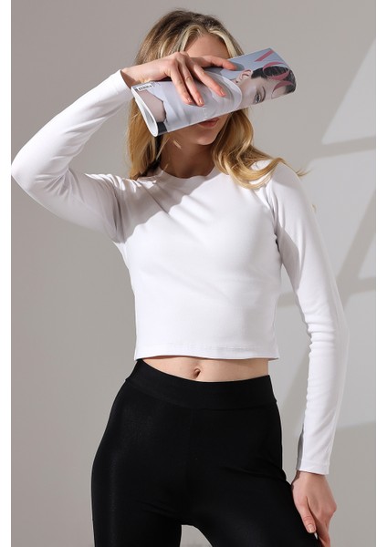 Bisiklet Yaka Penye Kompakt Esnek Kumaş Uzun Kol Bluz 21651 Beyaz modelleri