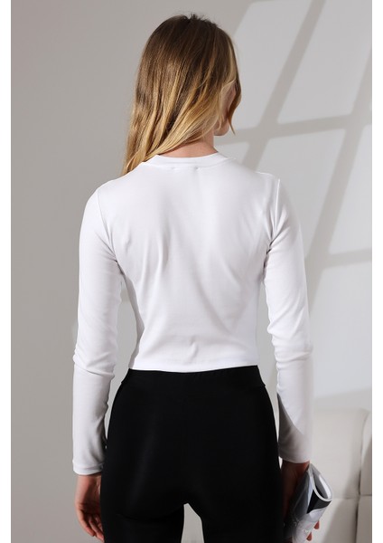 Bisiklet Yaka Penye Kompakt Esnek Kumaş Uzun Kol Bluz 21651 Beyaz fırsatları