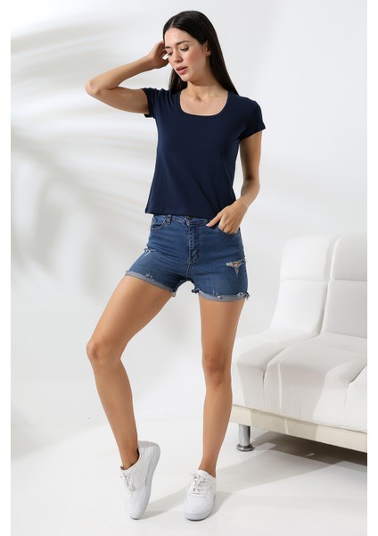 Kare Yaka Kısa Kol Penye Kompakt Likralı Esnek Basic T-Shirt 21069 Lacivert