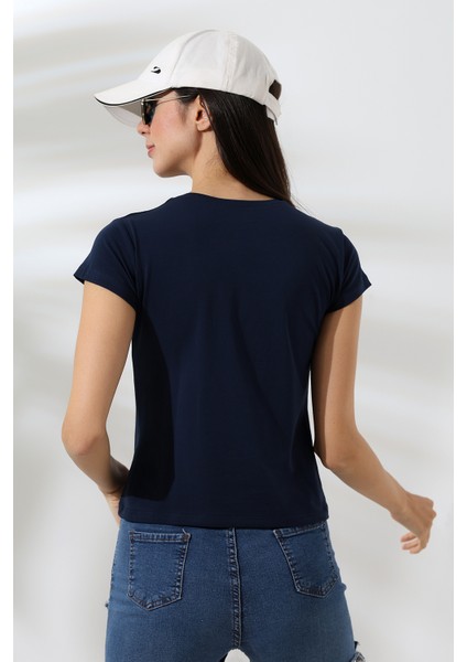 Kare Yaka Kısa Kol Penye Kompakt Likralı Esnek Basic T-Shirt 21069 Lacivert