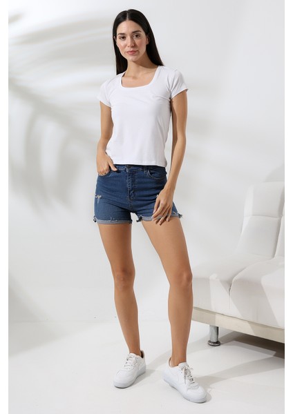 Kare Yaka Kısa Kol Penye Kompakt Likralı Esnek Basic T-Shirt 21069 Beyaz