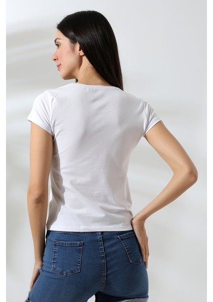 Kare Yaka Kısa Kol Penye Kompakt Likralı Esnek Basic T-Shirt 21069 Beyaz