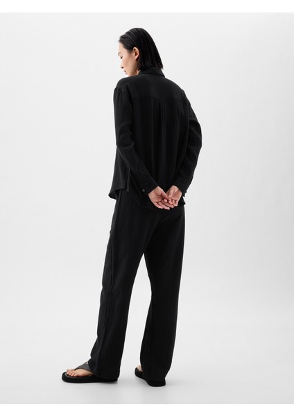 Kadın Siyah Mid Rise Gauze Wide-Leg Pull-On Pantolon fiyatları