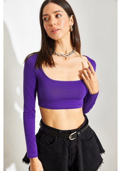 Kadın Uzun Kol Kare Yaka Crop Bluz modelleri