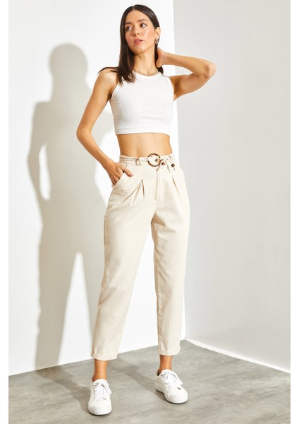 Kadın Kemerli Keten Pantolon