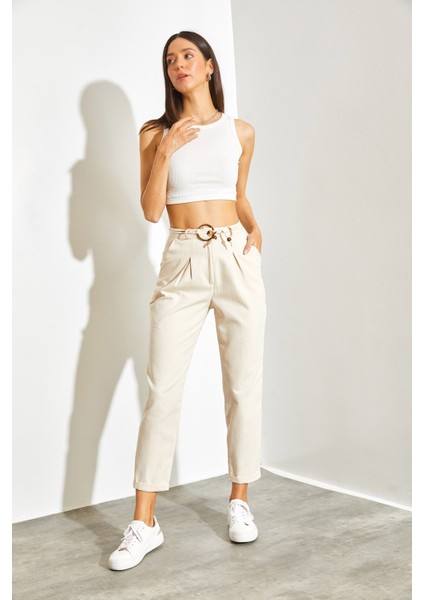 Kadın Kemerli Keten Pantolon indirimleri