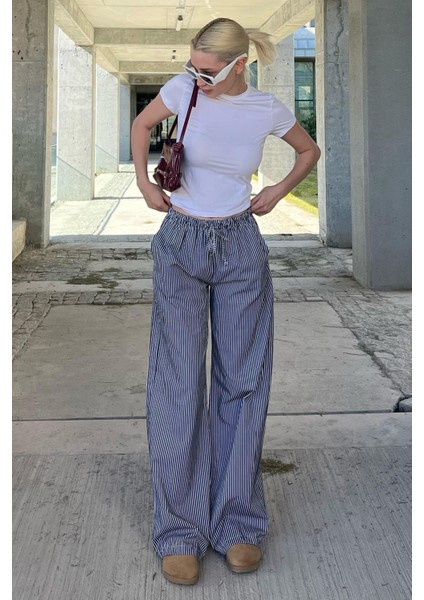 Siyah Beli Ayarlanabilir Bol Paça Dökümlü Çizgili Pantolon MG2087 fiyatları