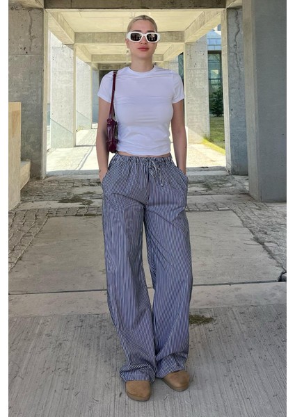 Siyah Beli Ayarlanabilir Bol Paça Dökümlü Çizgili Pantolon MG2087 modelleri